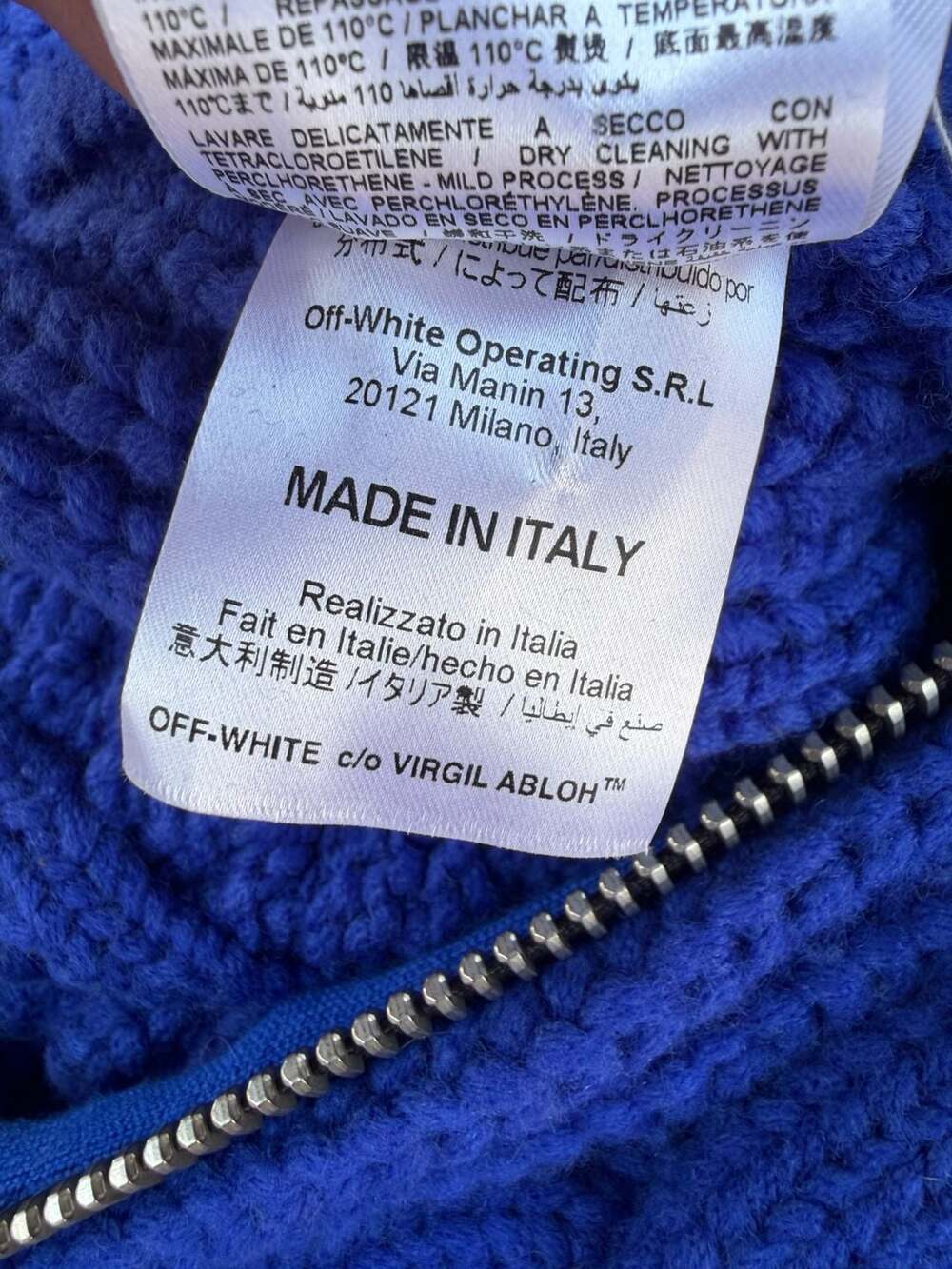 Off-White Virgil Abloh Cobalt Blue Virgin Wool Blend Cable Knit Zip-Up Sweater - Picture 7 of 7